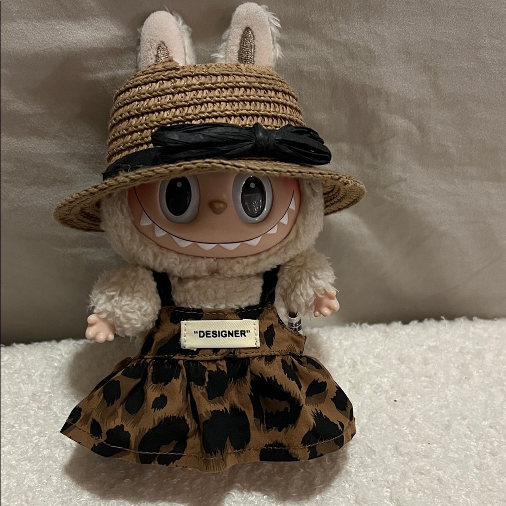 Adorable Labubu Leopard Dress and Straw Hat